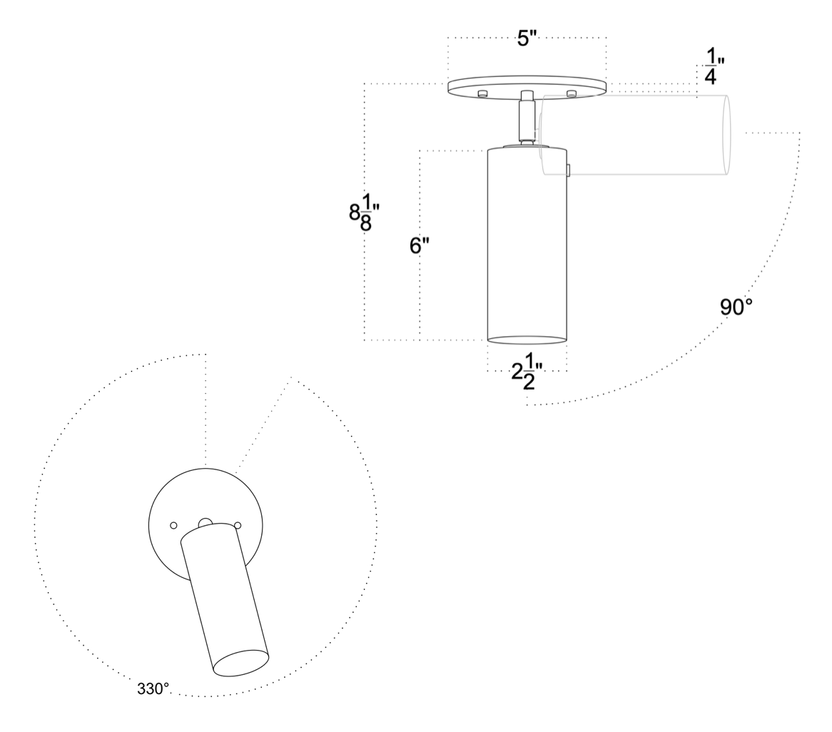 Line drawing of the Brass Cylinder Adjustable Spot - Top Mount w/ Long Shade by Long Made Co., dimensions: 6" long, 2-1/4" wide, 5" ceiling mount; shows dashed arcs indicating 90° and 330° rotation.