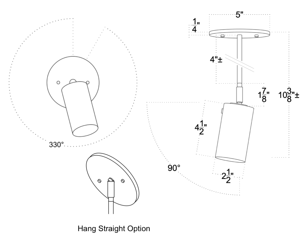 Line drawings depict the Long Made Co. Brass Cylinder Drop Spot - Top Mount, a mid-century modern ceiling light with a 5" base and 4½" x 2⅛" cylinder. It rotates 330° horizontally and tilts 90° for directional lighting.