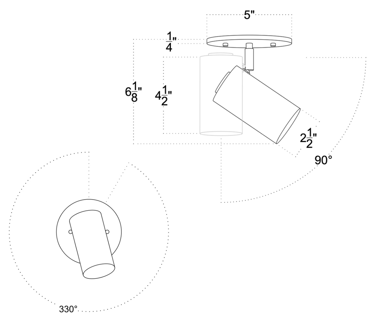 Technical line drawing of the Long Made Co. Brass Cylinder Adjustable Spot - Side Mount, a ceiling-mounted brass fixture with a 5" base diameter, adjustable 90° vertically and 330° horizontally, with dimensions labeled in inches.