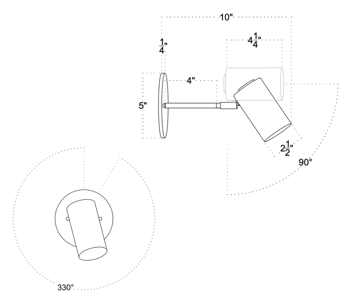 Technical line drawing of the Brass Cylinder Extension Wall Lamp by Long Made Co.; handmade in Texas, showing labeled measurements: 10" length, 5" height, 4" depth, 2.5" lamp head, 4.25" wall plate; rotates 330° and tilts 90°.