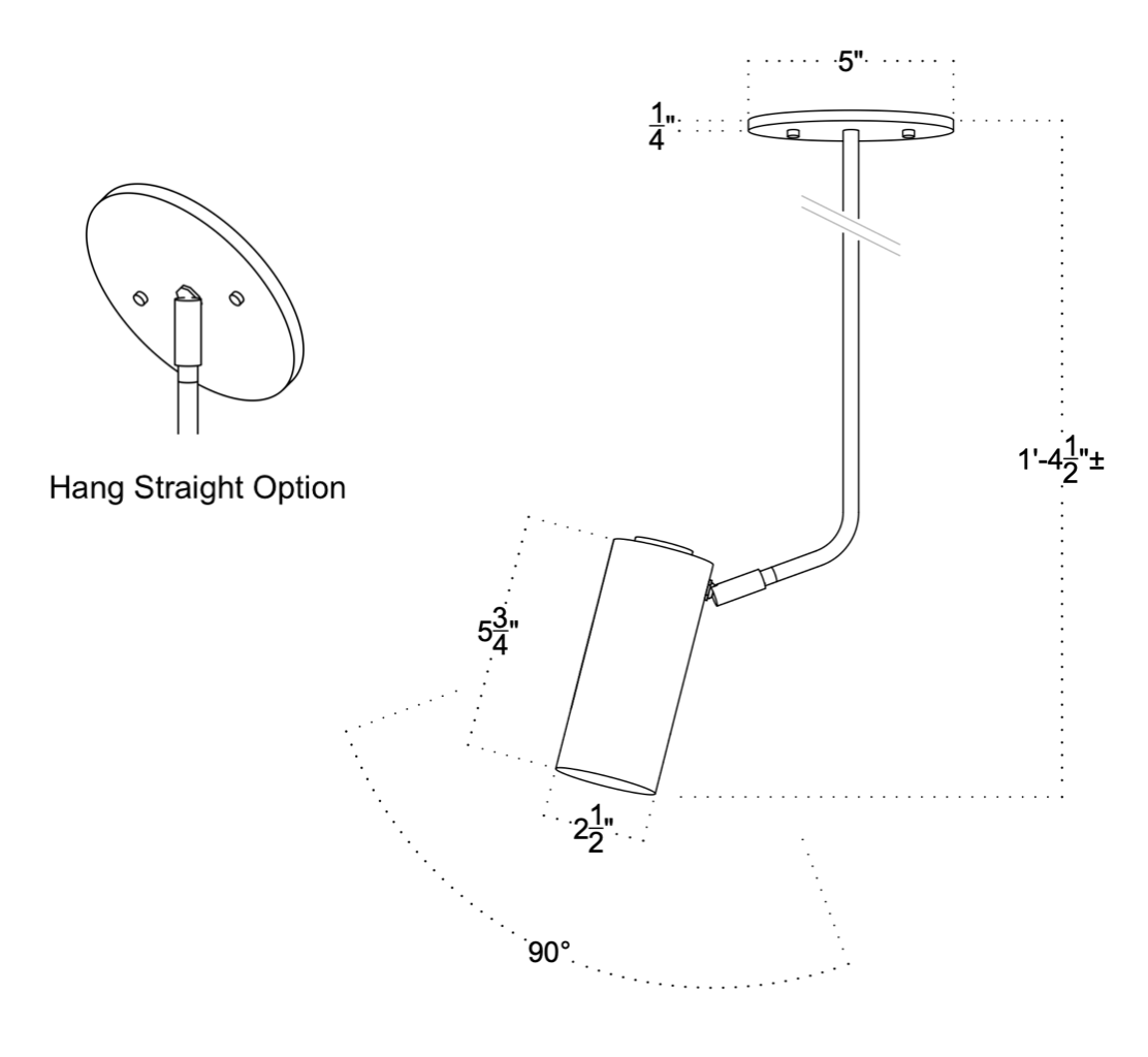 Technical drawing of Long Made Co.'s Brass Cylinder Bent Arm Drop Spot - w/ Long Shade, showing a round 5" base, 1-1/4" straight arm, and an adjustable 90° cylindrical light with labeled measurements. Inspired by mid-century modern design.
