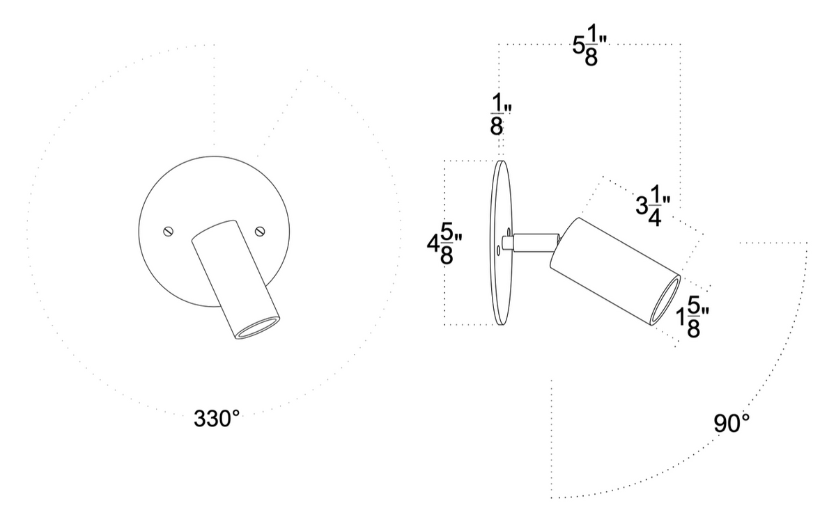 Technical line drawing of the Long Made Co. Micro Wall Spot shows two views: one with 330° horizontal rotation, another with height, width, depth, and 90° vertical tilt. Features ultra-flush mounting for a seamless profile. Measurements in inches.