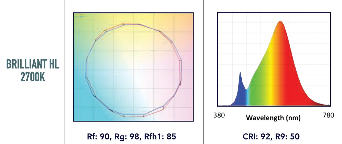Charts show the Long Made Co. Bulb - Soraa PAR20 Warm 10° Spot LED (SNAP System Filters): color rendering diagram (Rf:90, Rg:98, Rfh1:85) and spectrum peaking yellow-red. CRI:92, R9:50.