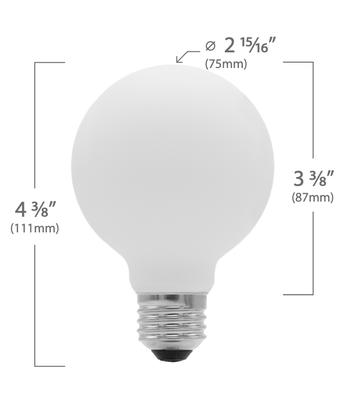 The Long Made Co. Bulb - EmeryAllen G25 E26 Dim-To-Warm LED features a frosted, round shape with a 111 mm height, 75 mm diameter, and 87 mm width, delivering a cozy dim-to-warm glow for inviting ambiance.