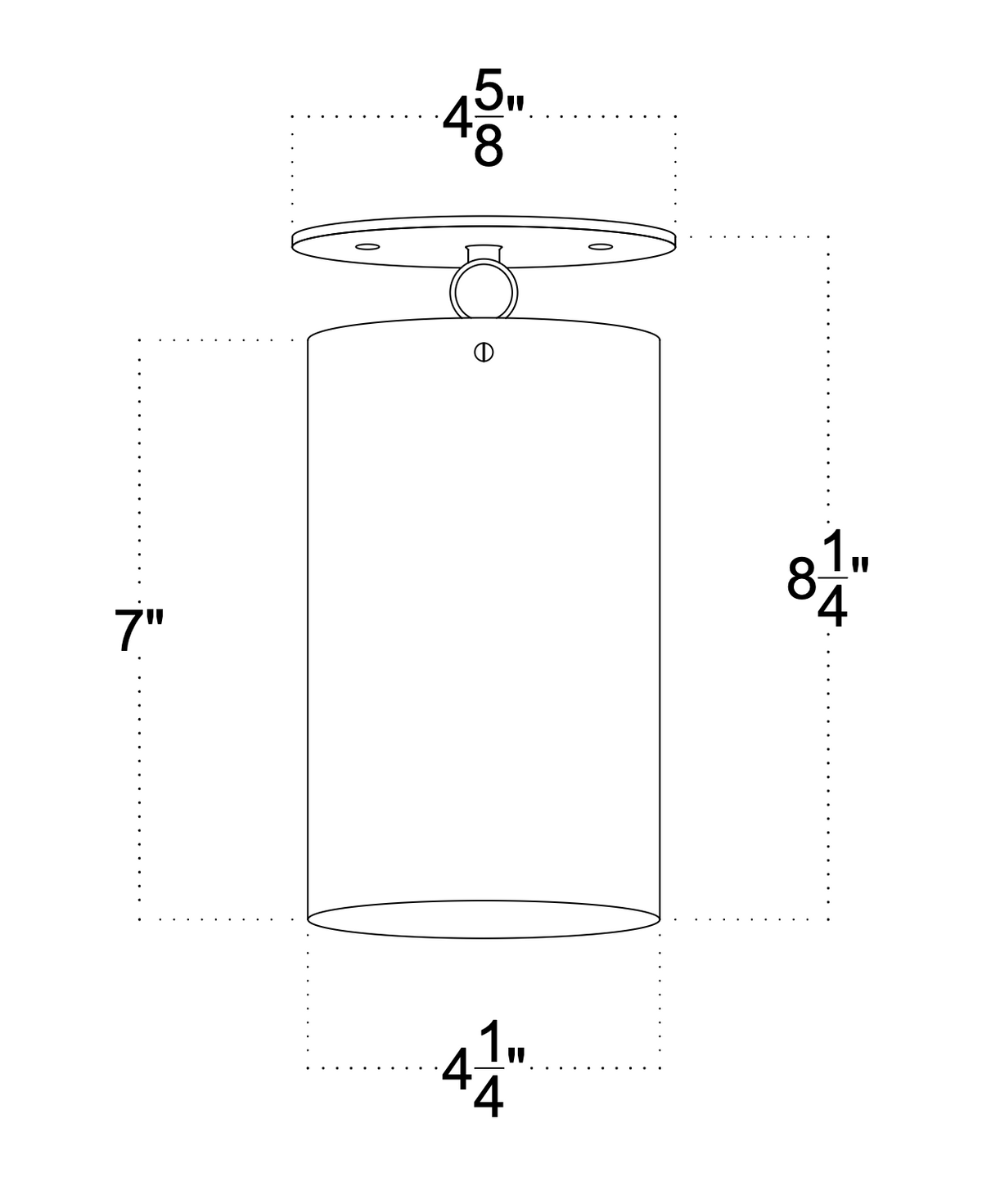 Line drawing of the Long Made Co. Beau Laiton - XL Adjustable Spot, height 8¼", cylinder height 7", diameter 4¼", mounting plate width 4⅝". Compatible with Lutron Ketra S30.