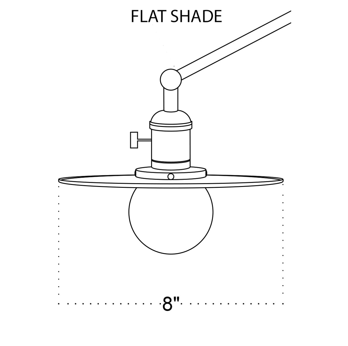 Line drawing of Long Made Co.’s Task Articulating Chandelier, featuring a round bulb below an 8-inch flat shade and an angled rod extending upward from the handmade fixture.