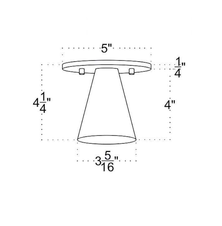 Line drawing of a ceiling-mounted light fixture with a circular base, a conical shade, and dimensions labeled: base diameter 5, height 4 1/4, shade bottom diameter 3 5/16, and base thickness 1/4.