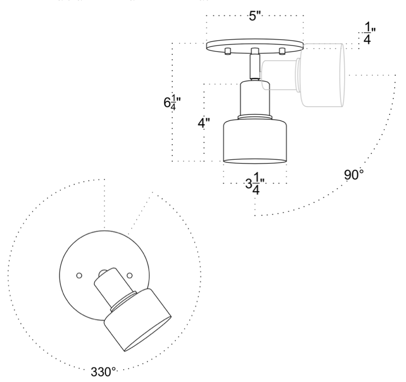 Technical line drawing of the Long Made Co. Troon Spot directional downlight, wall or ceiling-mounted; dimensions: 5" W x 6¼" H x 3¼" D; adjustable 90° vertically and 330° horizontally.