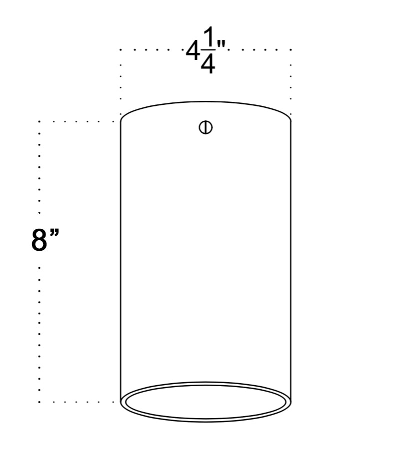 Line drawing of a vertical cylinder, 8 inches tall and 4.25 inches wide at the top. Dashed lines show dimensions—a small circle, ideal for Long Made Co.'s Beau Laiton XL Trimless Downlight (Ketra S30 compatible), is centered near the top edge.