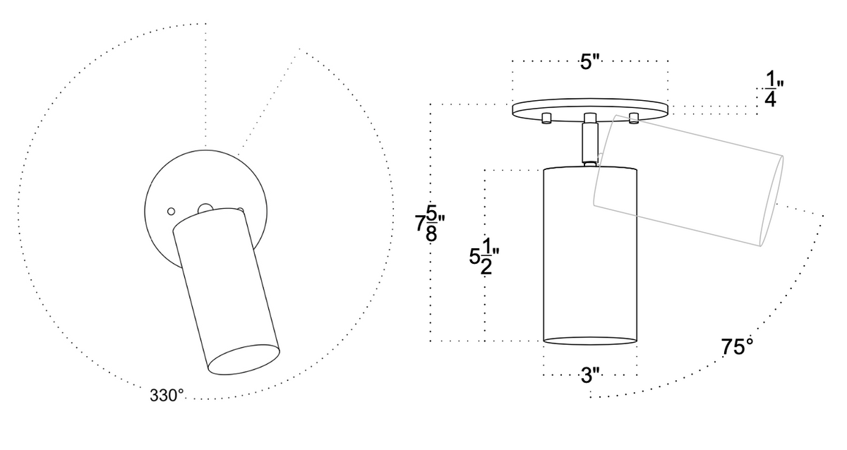 Technical drawing of Long Made Co.’s Cove Adjustable Spot: a minimalist cylindrical ceiling-mounted spotlight with 5" base, 3" solid steel downlight, adjustable 330° horizontally/75° vertically, height 7 5/8".