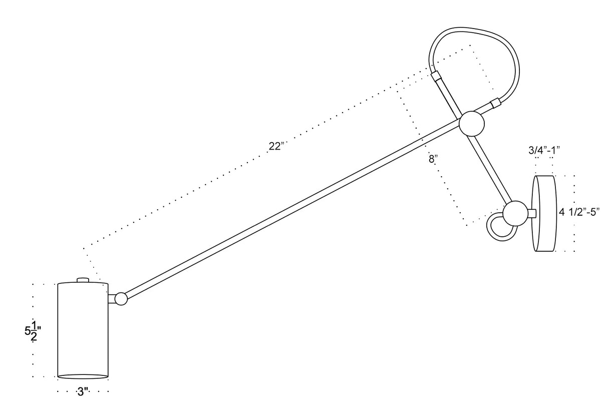 Line drawing of the Task Articulating Wall Lamp XL by Long Made Co., a wall-mounted adjustable brass lamp featuring a 22" arm length, 8" secondary arm, 3" lamp diameter, 5.5" lamp height, and a wall plate diameter of 4.5–5". Available in both hardwired and plug-in options for versatile installation.
