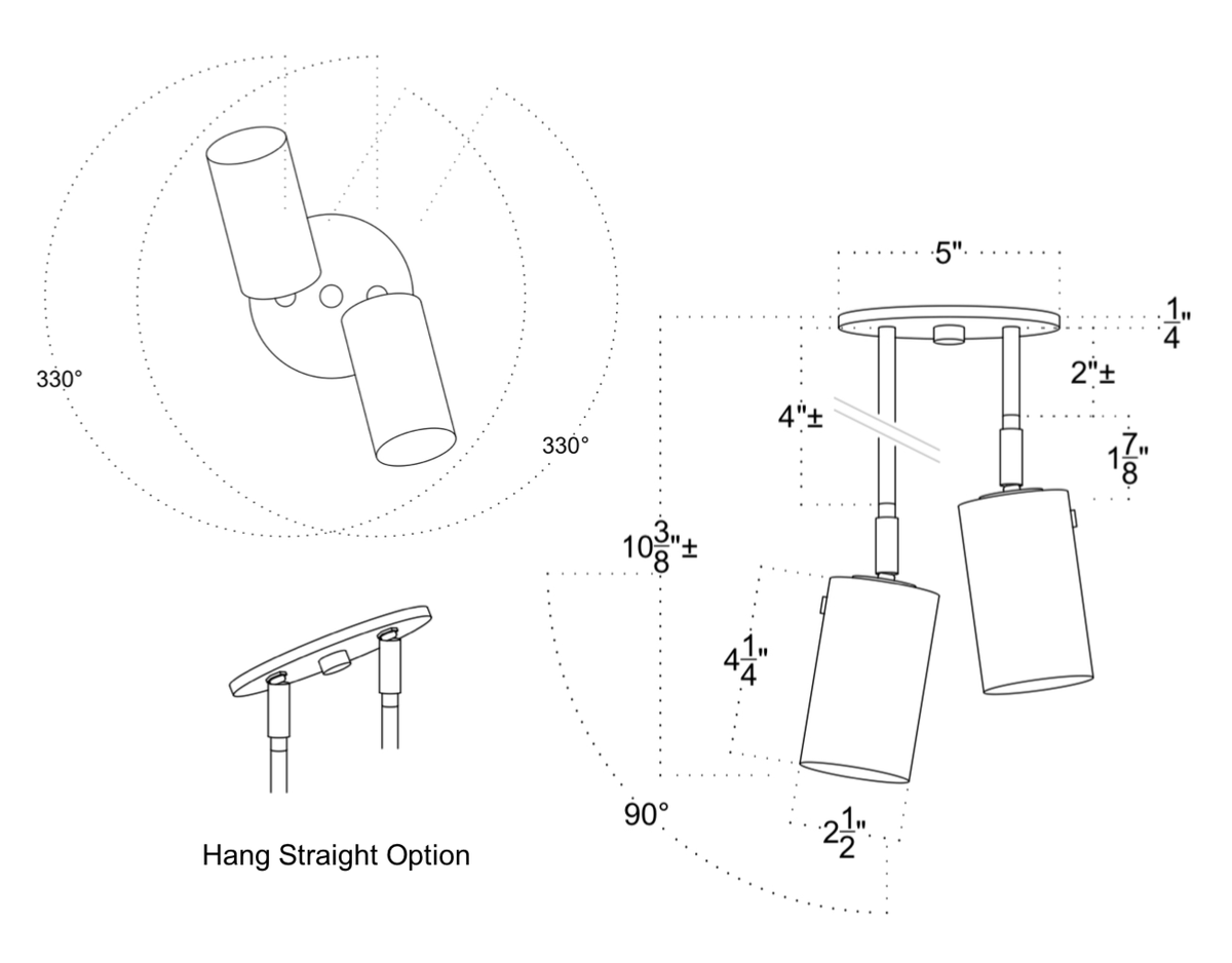 Line drawing of the Brass Cylinder Double Drop Spot by Long Made Co.: a mid-century modern two-light ceiling fixture with brass spotlights, showing dimensions, a Hang Straight Option, and each spotlight’s 330° rotation and 90° pivot.