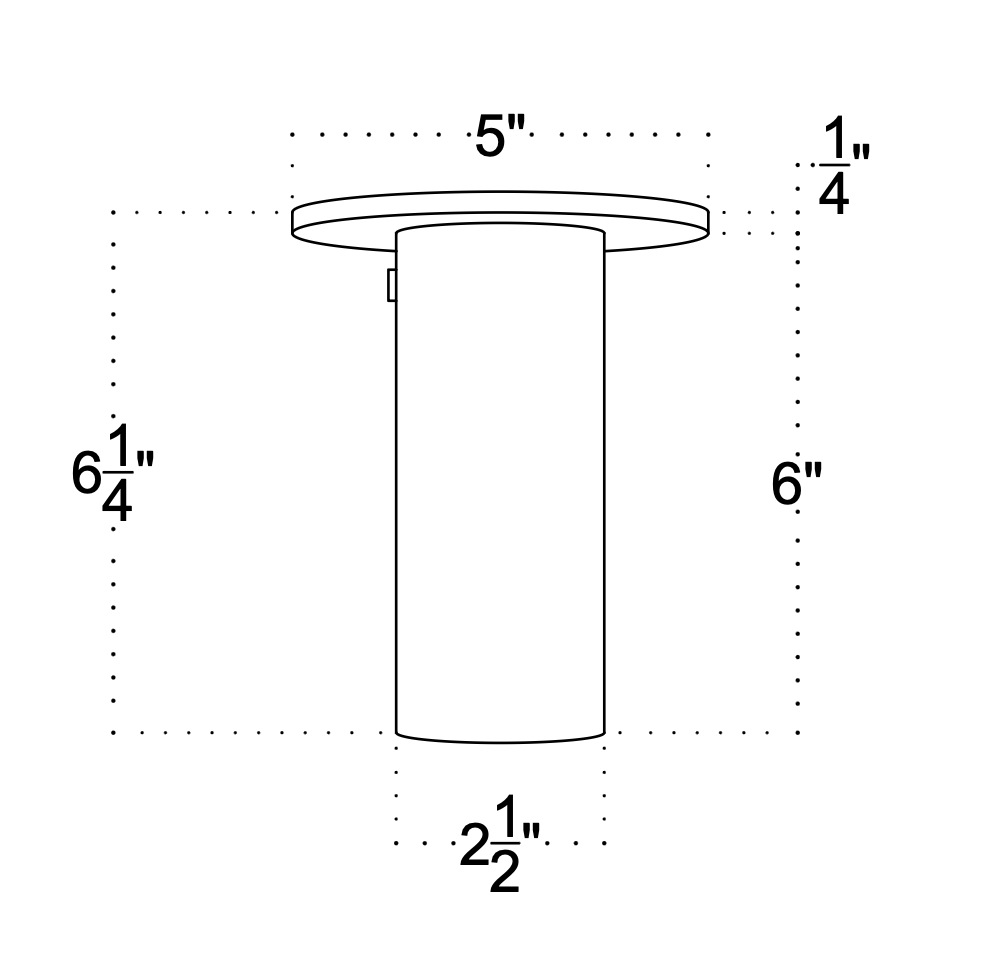 Line drawing of the Brass Cylinder Flush Spot w/ Long Shade by Long Made Co.; features a cylindrical solid brass form with 5" top diameter, 6" height, 2.5" base diameter, and 0.25" thick top. All measurements are clearly labeled.