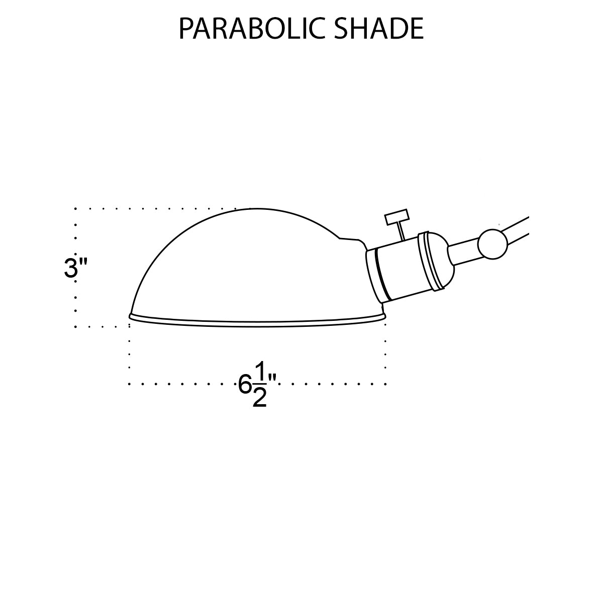 Line drawing of a 3" tall by 6.5" wide parabolic shade in profile, with right-side mounting attachment, perfect for the handmade brass Task Articulating Chandelier by Long Made Co. Text above reads TASK ARTICULATING CHANDELIER.