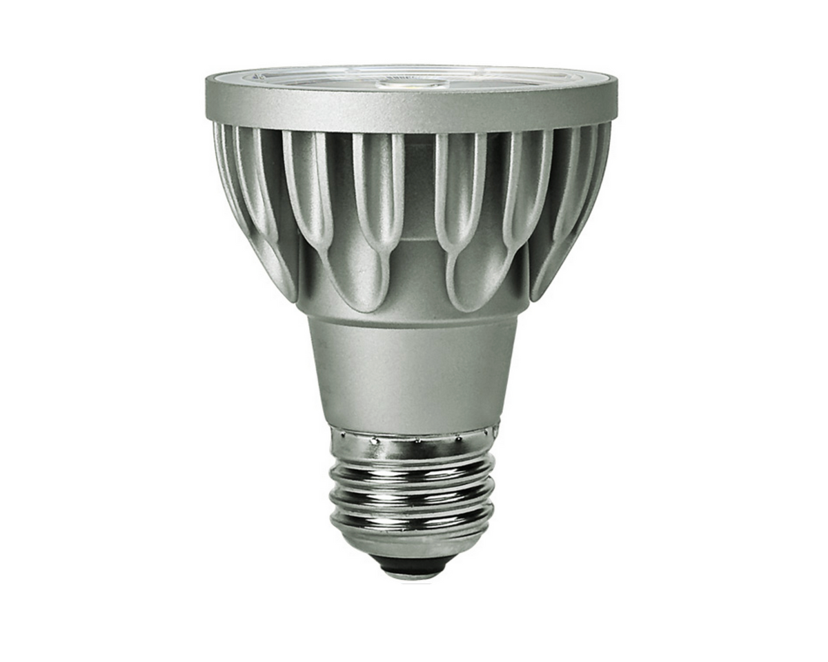 A Long Made Co. Soraa PAR20 Warm 10° Spot LED bulb with SNAP System Filters, featuring a silver finned heat-dissipating design and high CRI 2700K light, is shown against a white background.