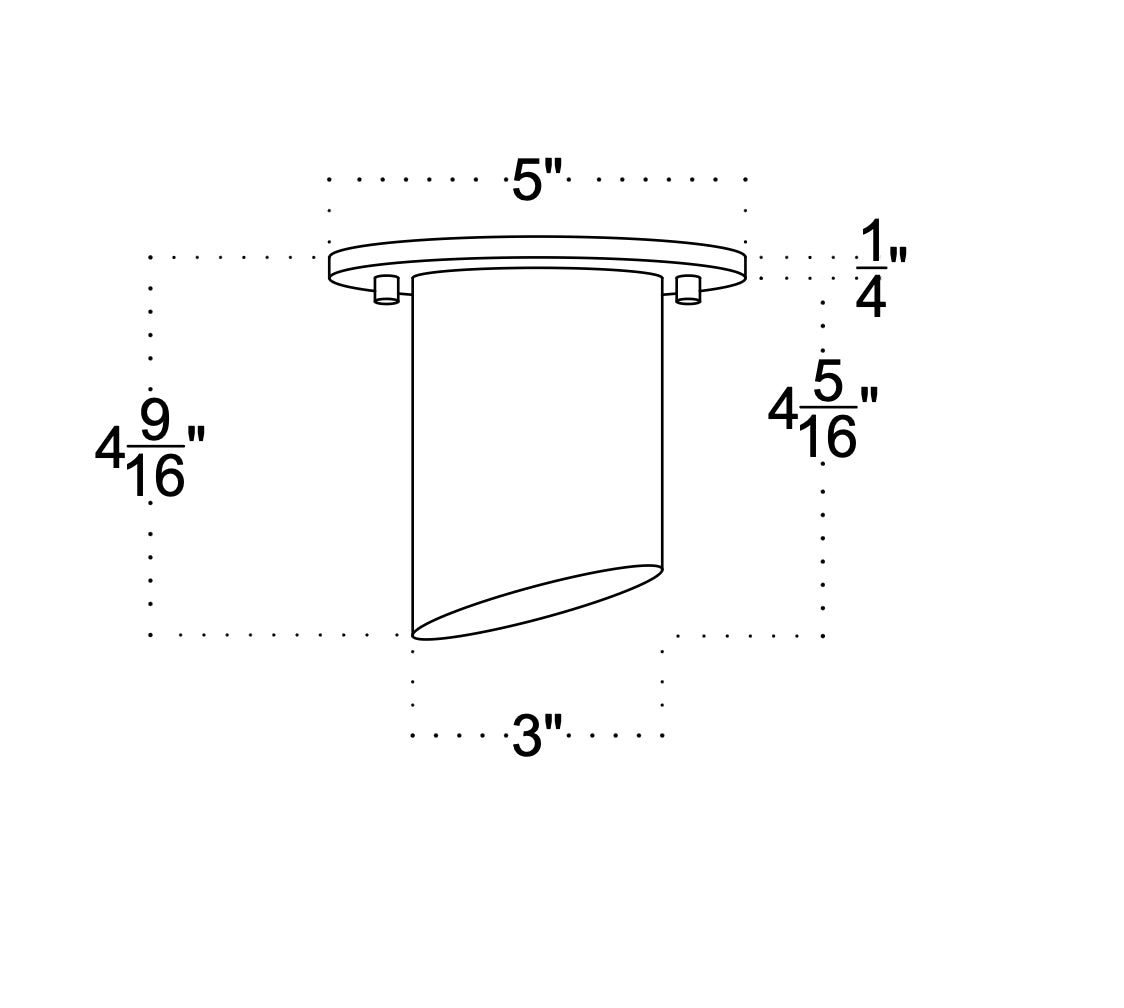 Minimalist line drawing of the Long Made Co. Highland Angle Spot - Stocky, a cylinder light with a slanted bottom. Fixture is 4 9/16” tall, 3” wide; ceiling plate is 5” wide by 1 1/4” thick. Ideal for general and task lighting.