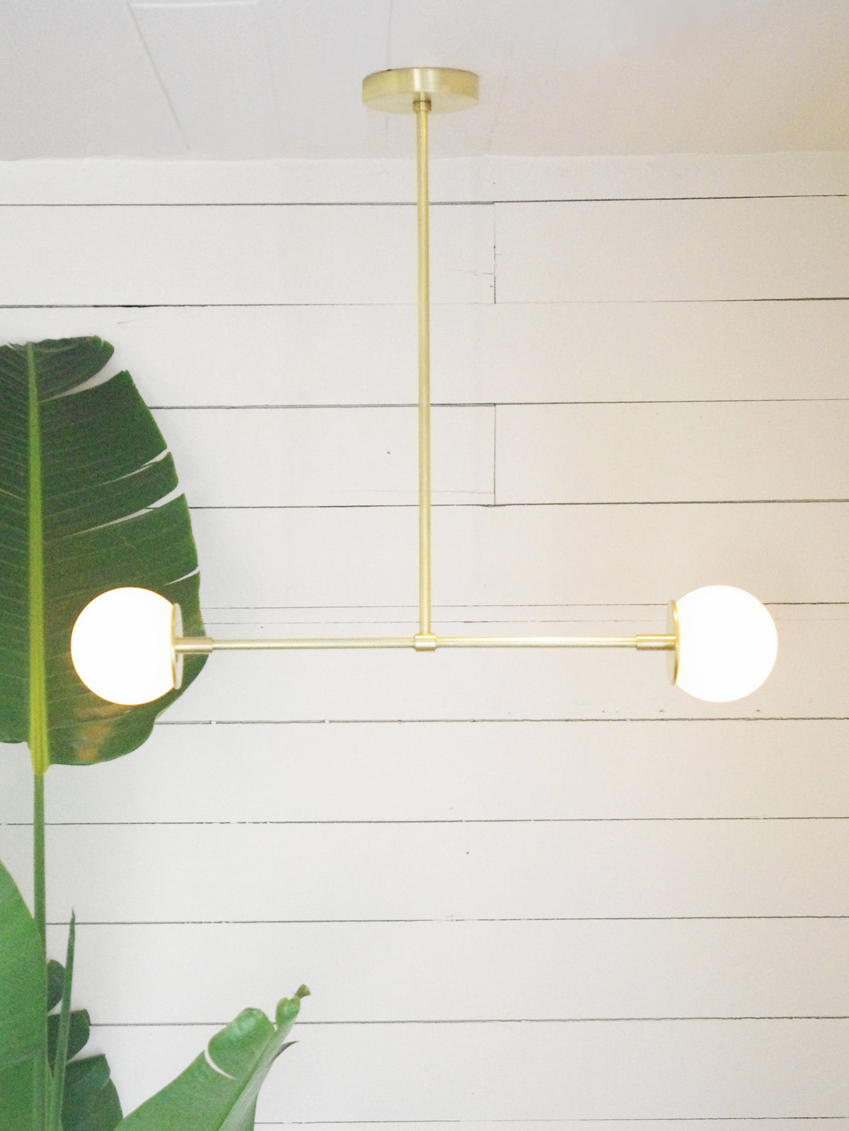The Globe Double Chandelier by Long Made Co., a modern UL certified solid brass fixture with two round white bulbs, hangs from a white shiplap ceiling, while large green tropical leaves appear in the lower left corner.