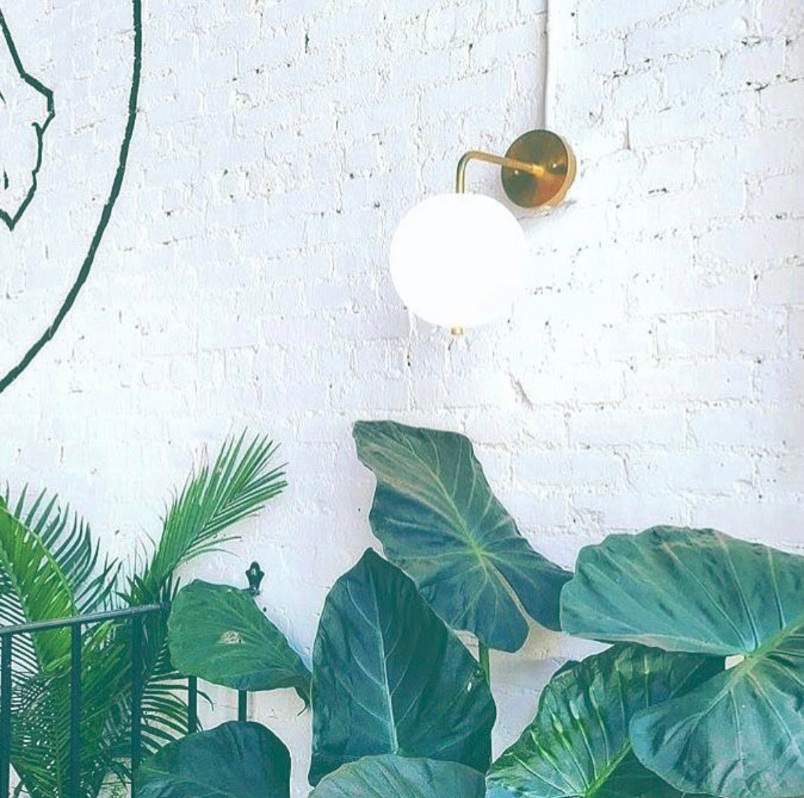 The Long Made Co. Wade Wall 8" Globe, featuring an acrylic globe shade and brass fixture, is mounted on a white brick wall with large green leafy plants in front and part of a black circular mural visible behind.